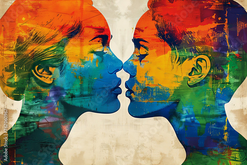 Colorful LGBTQ themed profiles in artistic silhouette. Generative AI image photo