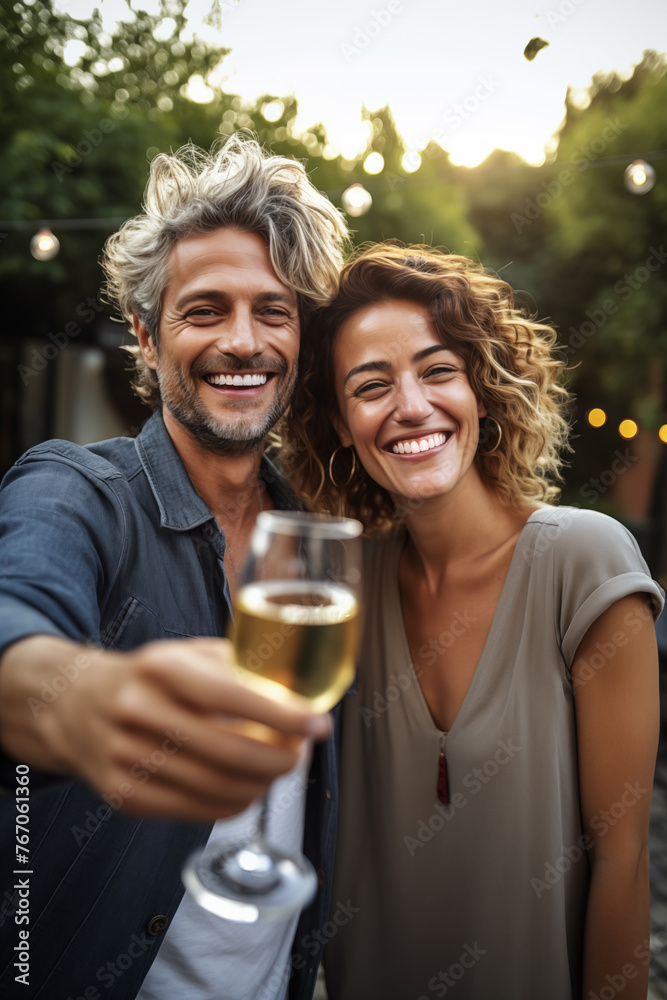 Couple toasting with wine at outdoor celebration. Generative AI image