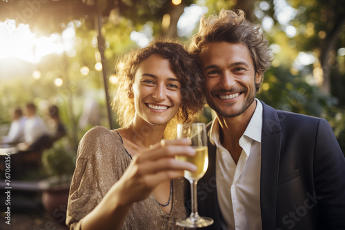 Cheerful couple celebrating with a toast outdoors. Generative AI image photo