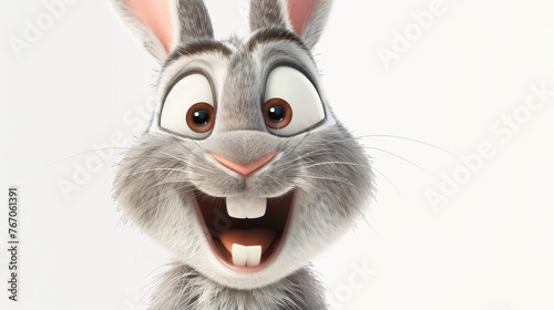 Funny white rabbit character on white background, Easter bunny. 