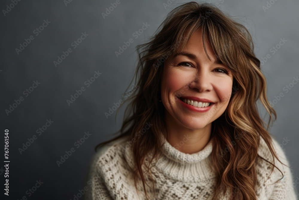 Portrait of smiling middle aged woman in sweater on grey background. Portrait of smiling middle aged woman in sweater on grey background.