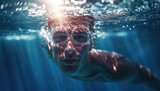 A swimmer in points in competition is focused on winning