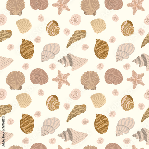 Seamless pattern with beige flat shells on a light background. Summer wallpaper or print