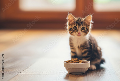 Close up cute cat eating from a bowl against blurred kitchen background, looking at camera with copyspace for text