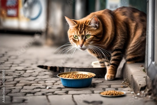 Homeless cat eats cat food at the street