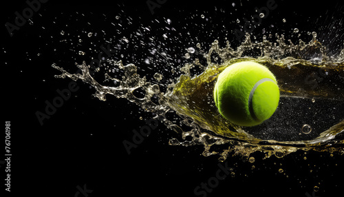 Baseball or tennis ball green with water drops flying on black background © terra.incognita