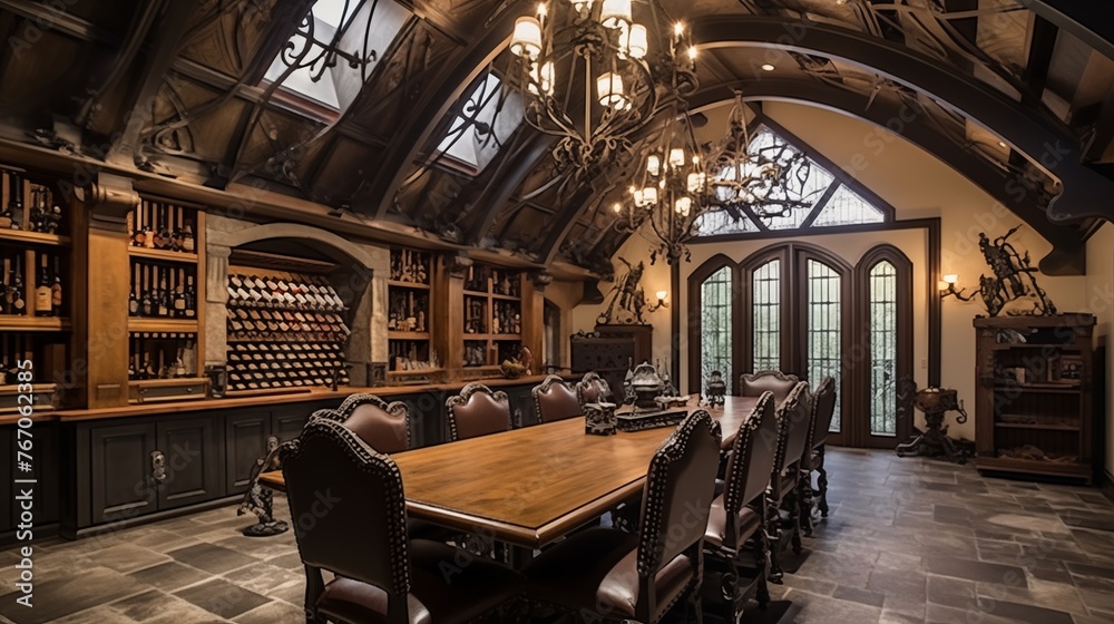 French chateau-inspired wine tasting room with vaulted wood ceilings and custom wrought iron tasting table.