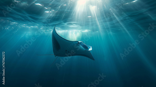 A manta ray swimming in the ocean, sunlight is shining through the water surface
