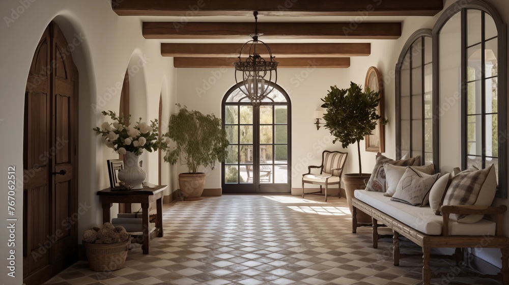 French Country entry hall with patterned tile floors wood beams antique bench and arched doorways.