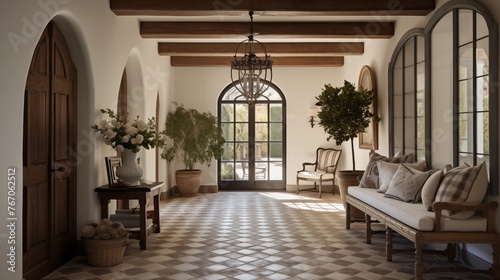 French Country entry hall with patterned tile floors wood beams antique bench and arched doorways. © Aeman