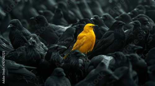 A yellow crow alone among a crowd of black crows, concept of standing out from the crowd as a leader