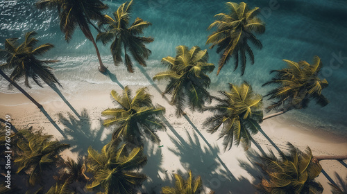 beach background, palm trees, waves. Top down view