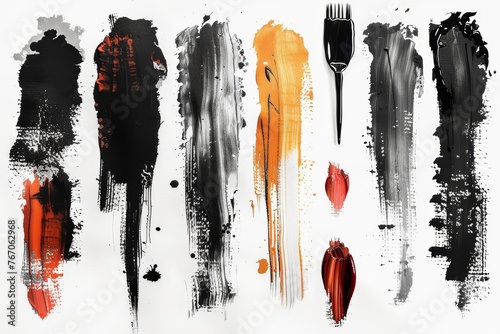 There are grunge brushes in this set. Ink stains, smudges and abstract paint strokes on a white background.