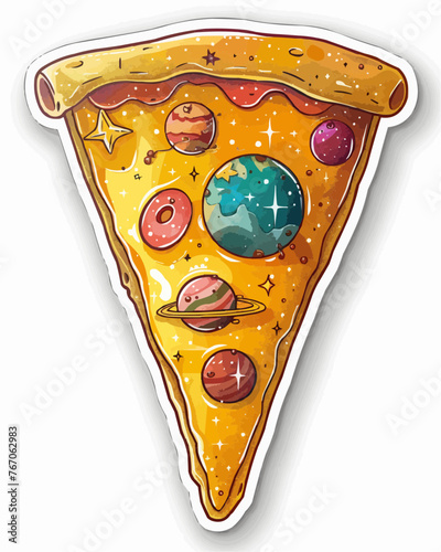Cosmic Delight: Pizza Sticker with Stars and Planets Vector