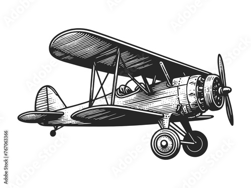 biplane vintage plane, reminiscent of early aviation history sketch engraving generative ai vector illustration. Scratch board imitation. Black and white image.