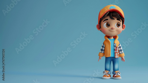 Little boy with brown hair and blue eyes wearing a baseball cap, orange jacket, plaid shirt and jeans.