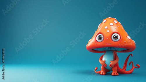 Cute 3D cartoon mushroom character with big eyes and a friendly smile. The mushroom is wearing a blue hat with white spots and has a blue stem. © Pixel