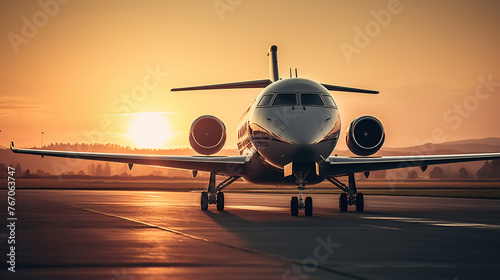 private jet take off when sunset,