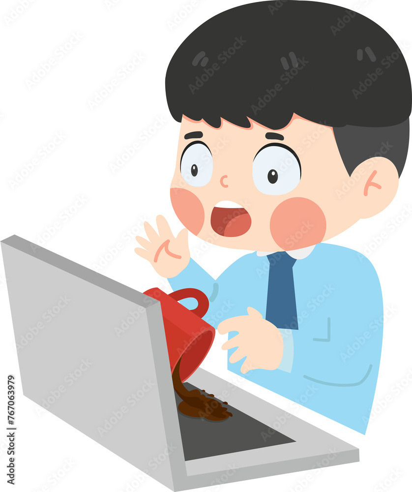 Businessman Spilled coffee on laptop cartoon