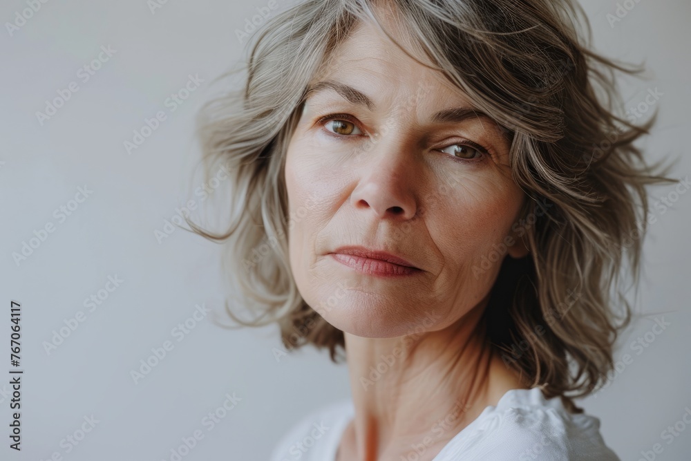 Portrait of a beautiful mature woman with short blond hair looking at camera Portrait of a beautiful mature woman with short blond hair looking at camera