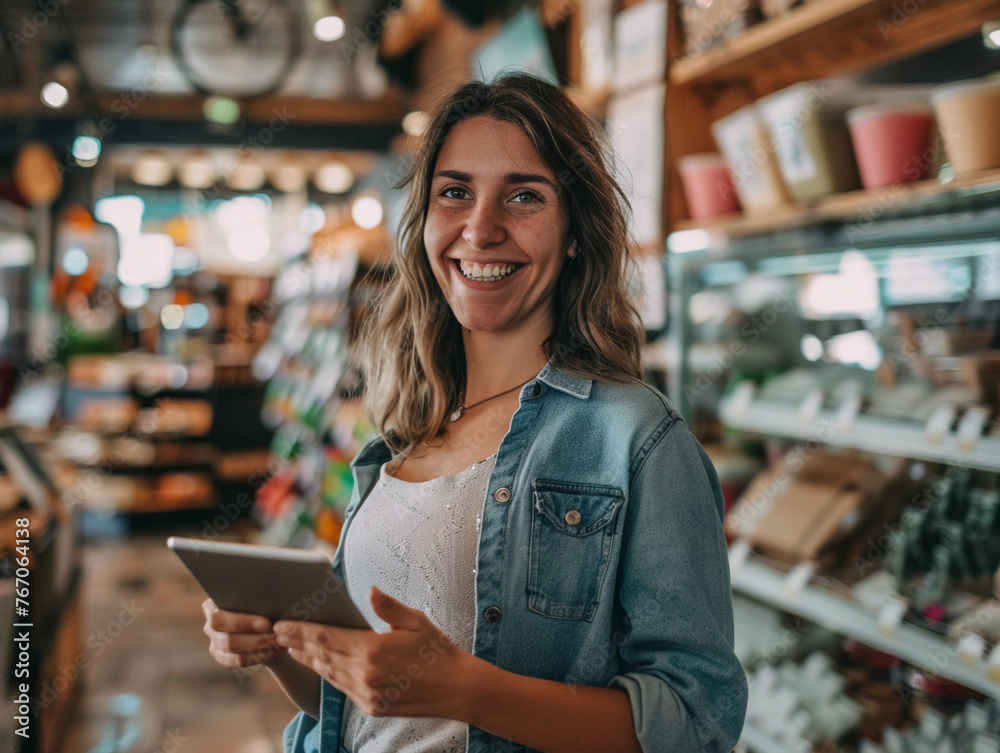 A young smiling female entrepreneur standing in her store with tablet in her hands A young smiling female entrepreneur standing in her store with tablet in her hands