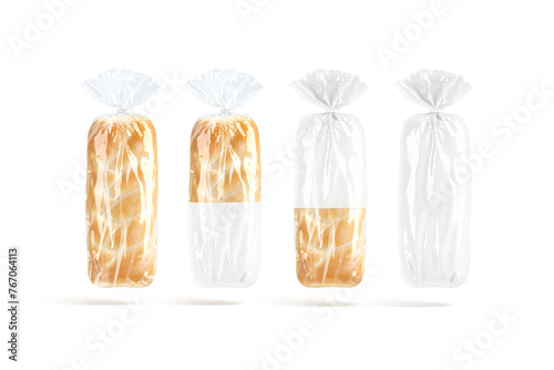 Blank bread in white transparent cellophane pack mockup, no gravity