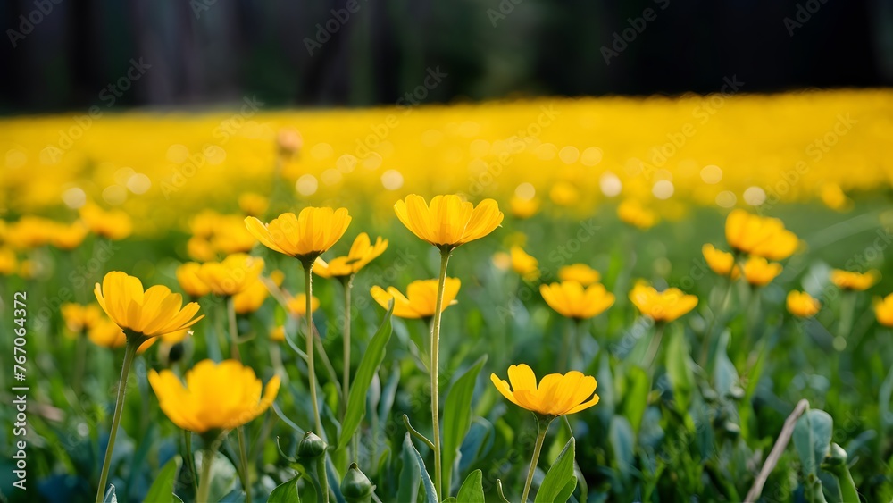 Obraz premium Beautiful buttercup in nature spring landscape with wild yellow buttercups