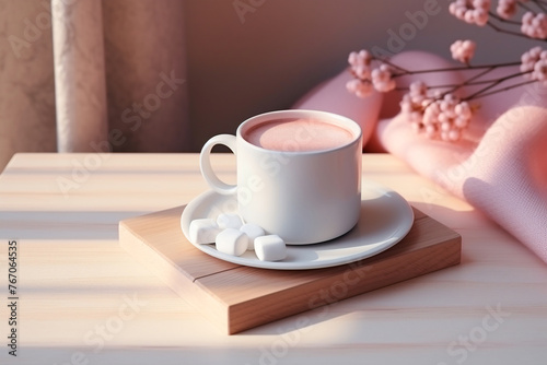pink mug of cocoa with marshmallows, evoking warmth and holiday cheer, perfect for cozy evenings
