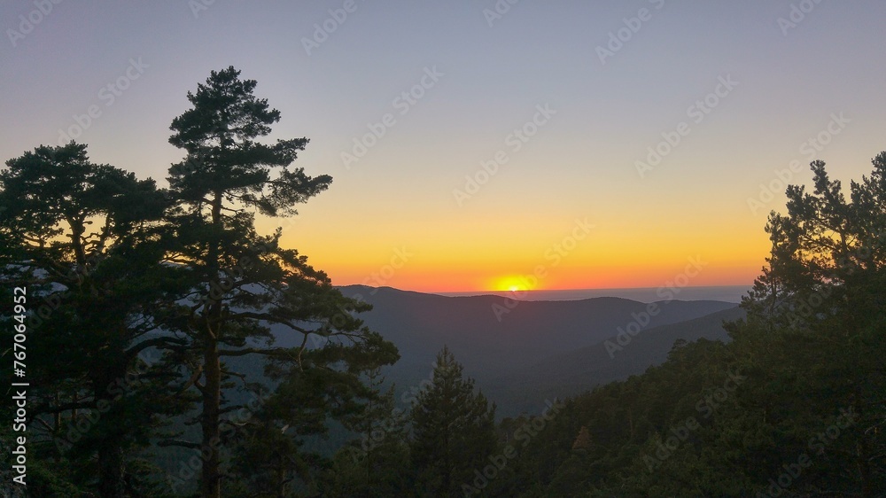 sunset between pine trees Puerto Navacerrada Segovia Sierra Madrid sunset between pine trees Puerto Navacerrada Segovia Sierra Madrid