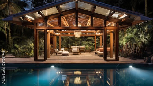 Glass-enclosed cocktail pool pavilion with soaring ceiling retractable walls and architectural wood posts framing tropical courtyard views and access.