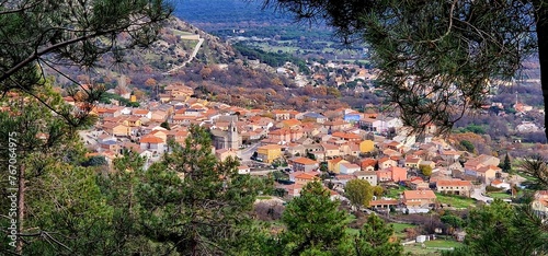 Zarzalejo town Sierra Madrid between pine forests aerial view old houses mountain photo