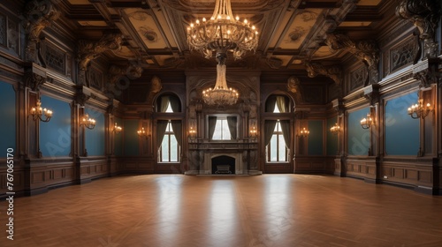Grand ballroom in Renaissance Revival-style home with frescoed coved ceilings intricately carved millwork parquet floors and historic chandeliers. photo