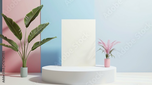 A simple and elegant product display scene with a white podium and a pink potted plant.