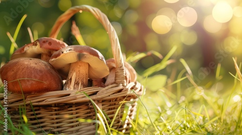 A basket full of mushrooms in the sun's rays in an autumn light forest, the concept of autumn, autumn hobbies, mushroom picking with copyspace for text