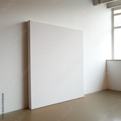 Large Blank Canvas Leaning Against a White Wall in a Sunlit Studio