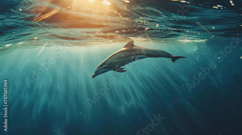 Closeup of a dolphin swimming underwater, sun is shining through the surface © standret