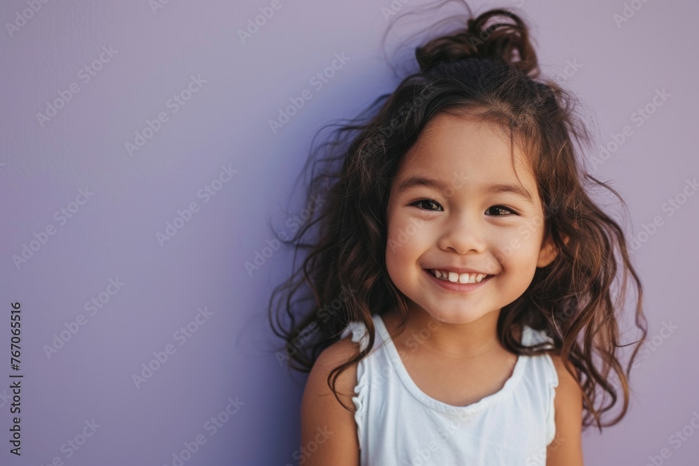 Portrait of a cute little girl smiling and looking at camera against purple background