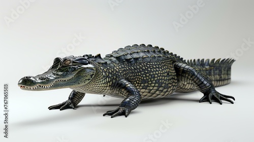 A detailed and realistic 3D rendering of an alligator. The alligator is shown in a low angle  with its head turned slightly to the left.