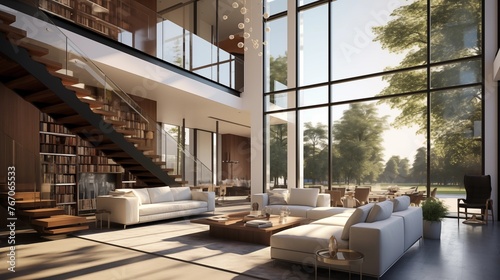 Grand double-height 20-foot ceiling linear modern living room with full-height windows and minimalist floating staircase.