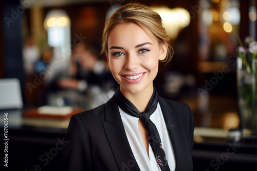 Smiling hotel receptionist at the front desk, ensuring guest satisfaction with professional service and welcoming demeanor.