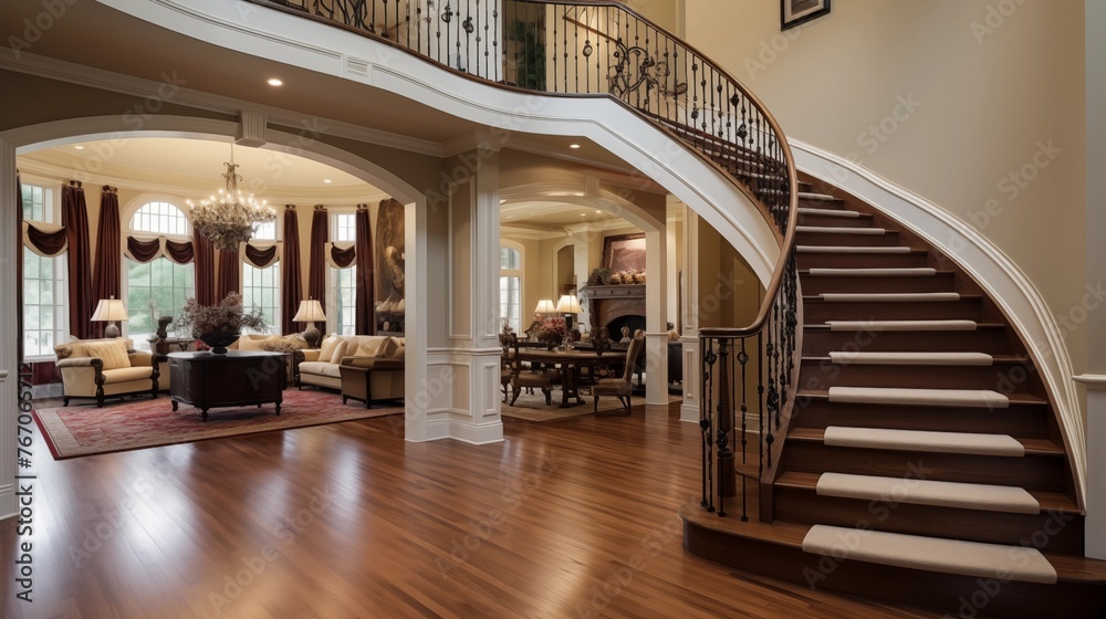 Grand dual staircase curving up two-story open concept foyer with hardwood floors and elaborate iron railings.