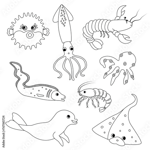 Doodle fish characters set, on the theme of sea, travel, sushi food. Shrimp, squid, octopus, eel fish, dolphin, stingray, crayfish, crab, sea bladder fish. Vector illustration on a white background. © Liliy