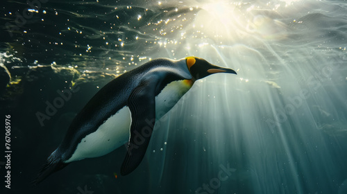 Closeup of a king penguin diving underwater, sun is shining through the water surface