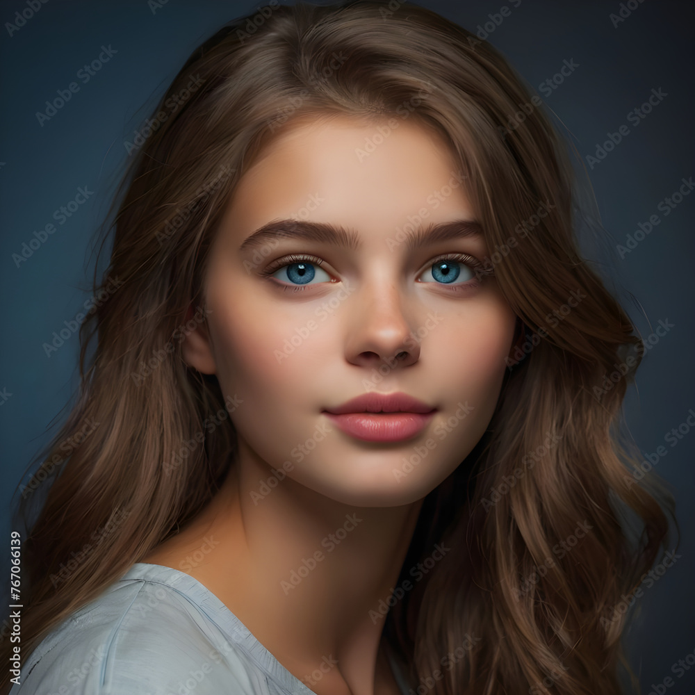 Portrait of a brunette teenage girl or young woman with blue eyes.
Portrait of a brunette teenage girl or young woman with blue eyes.