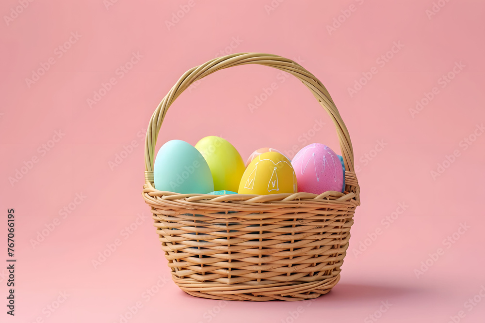 Colorful Easter Eggs in Wicker Basket on Vibrant Pink Background Colorful Easter Eggs in Wicker Basket on Vibrant Pink Background