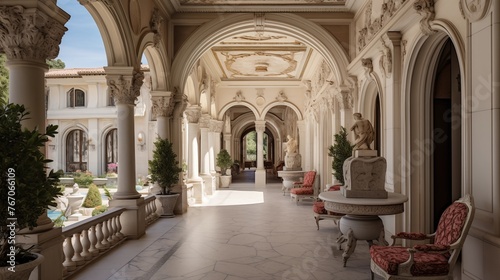 Grand European villa formal loggia with arched openings frescoed arched ceilings Venetian plaster walls and marble fountain.