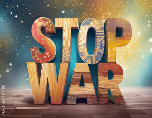 Generative AI Stop War Text with Wooden Letters and Paints