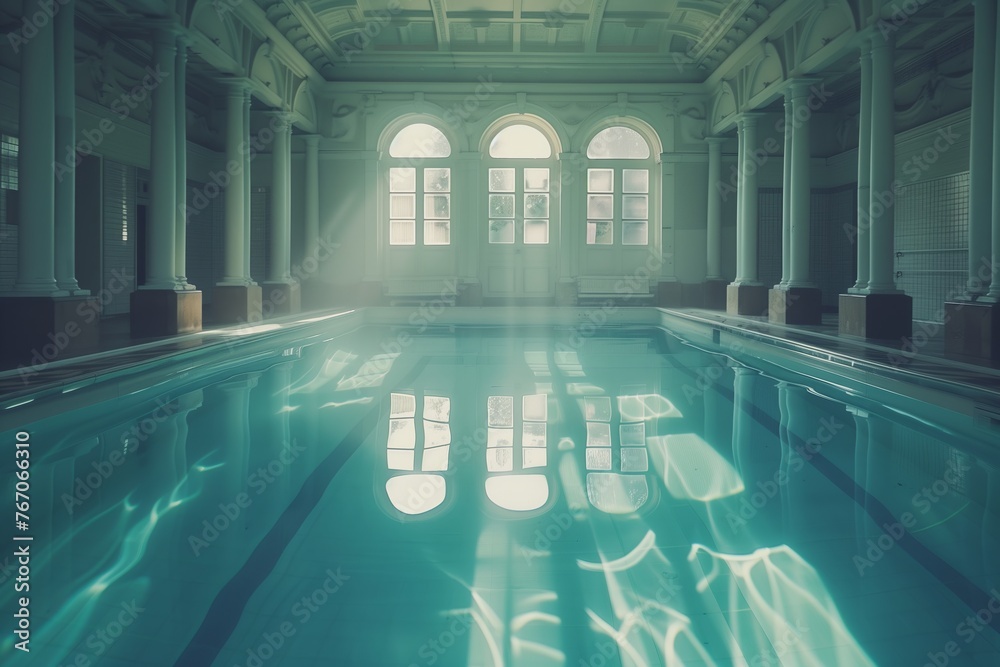 Empty indoor swimming pool with soft lighting. Serene, tranquil atmosphere, with stillness of water creating sense of calmness and serenity. Peaceful ambiance space, relaxation and contemplation.