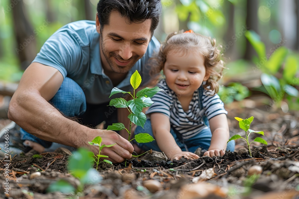 Man and Little Girl Looking at a Plant Man and Little Girl Looking at a Plant