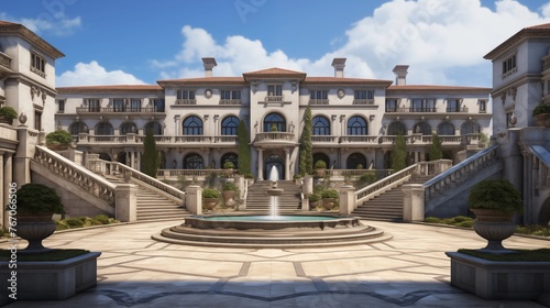 Grand Italian Renaissance palazzo with symmetry stone exterior and elaborate iron work.
